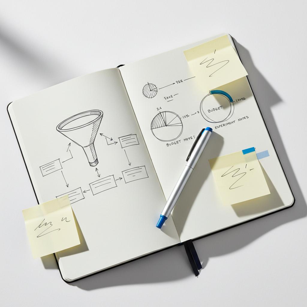 Overhead close-up of a clean white desk with a notebook of hand-drawn paid ad funnel sketches, sticky notes, a pen, and #1a5bfb accent suggesting facebook ads budget planning