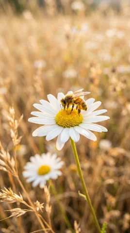 Daisy with Bee in Golden Hour Field