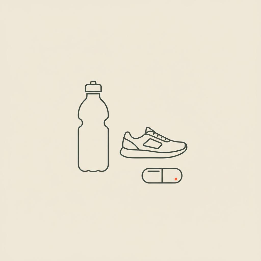 Minimal vector line illustration of a water bottle, running shoe silhouette, and single capsule on beige background — how to burn 1000 calories