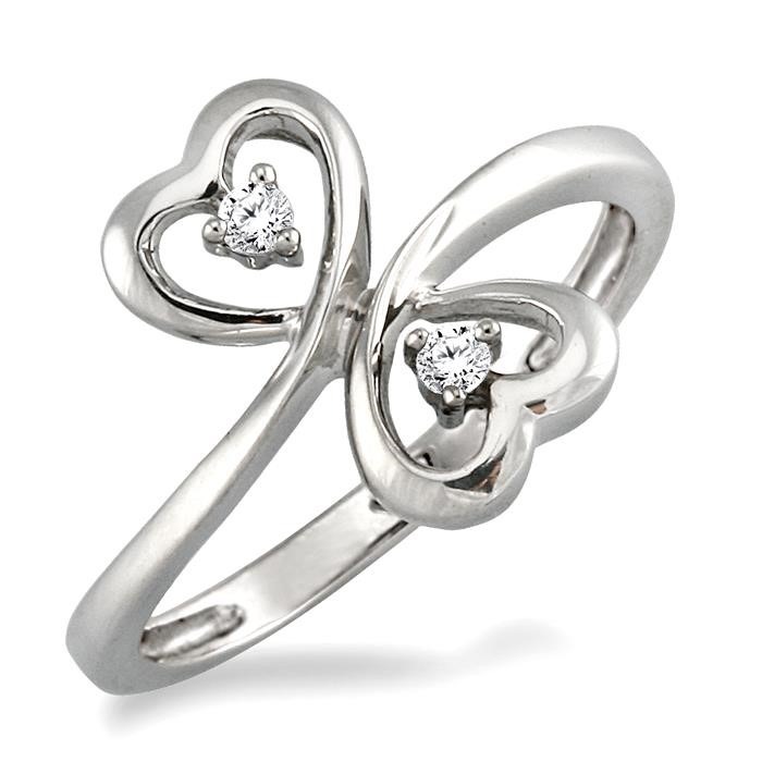 Silver Twin Heart Shape 2 Stone Diamond Fashion Ring