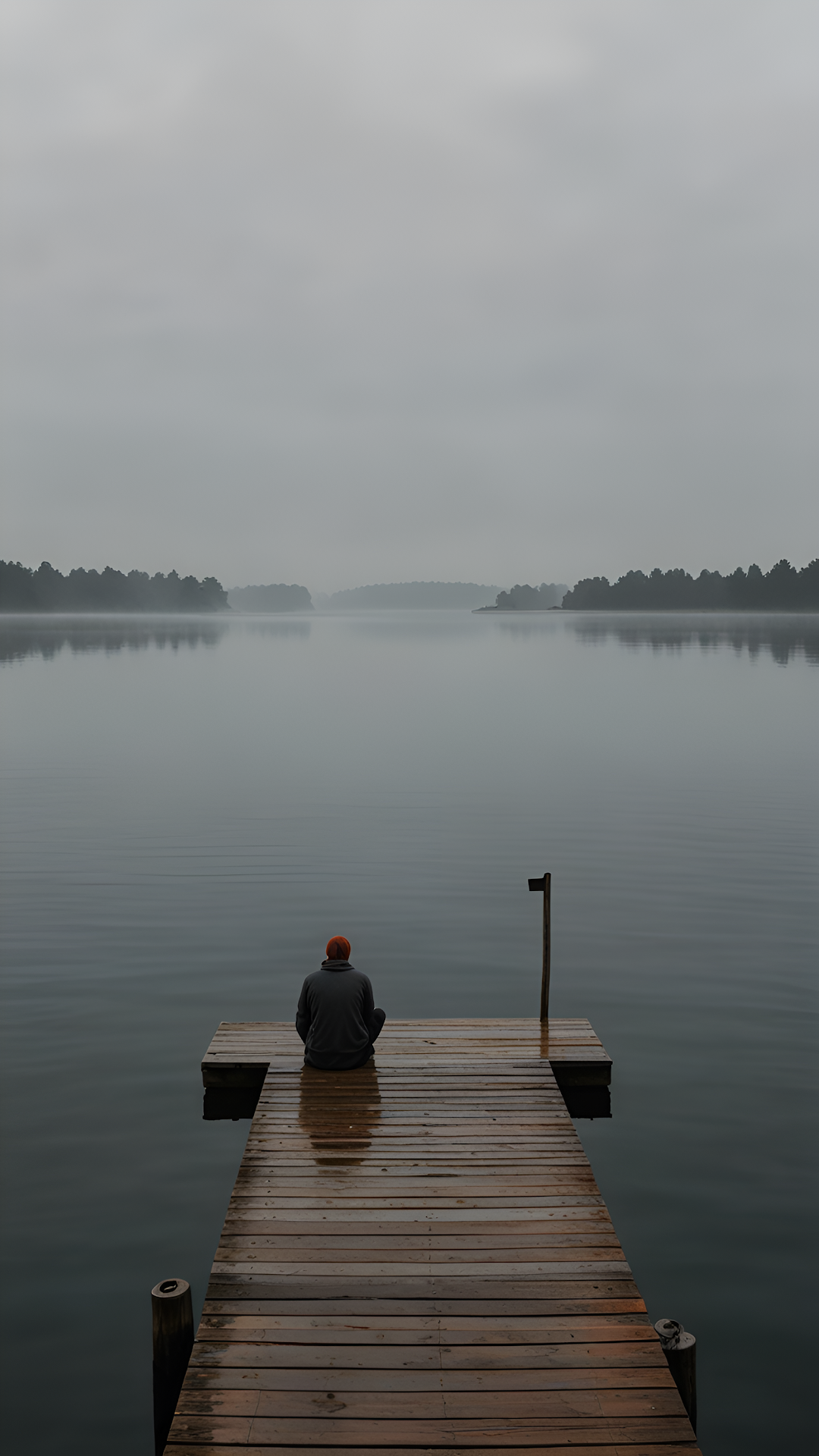 Solitary Figure on Wooden Dock Over Calm Misty Lake - Free 4K mobile Wallpaper