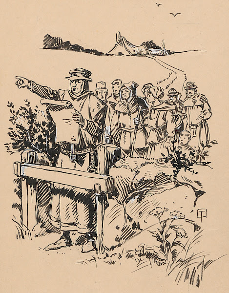 Medieval motif Man reads document aloud and points to something outside the fram