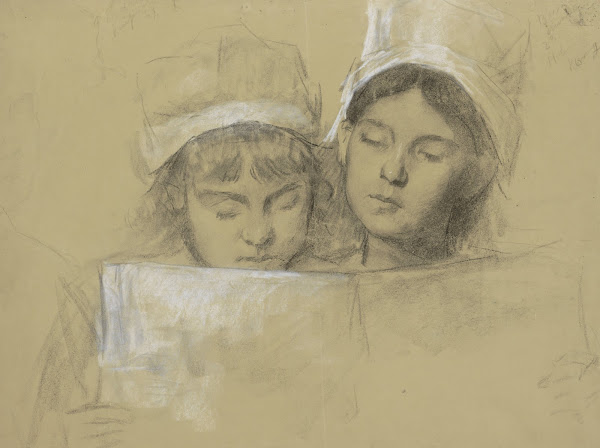 Twee meisjes met witte mutsen lezend in een boek