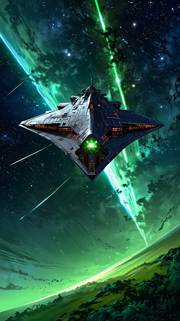 Futuristic starship hovers above glowing green alien planet - Free mobile Wallpaper