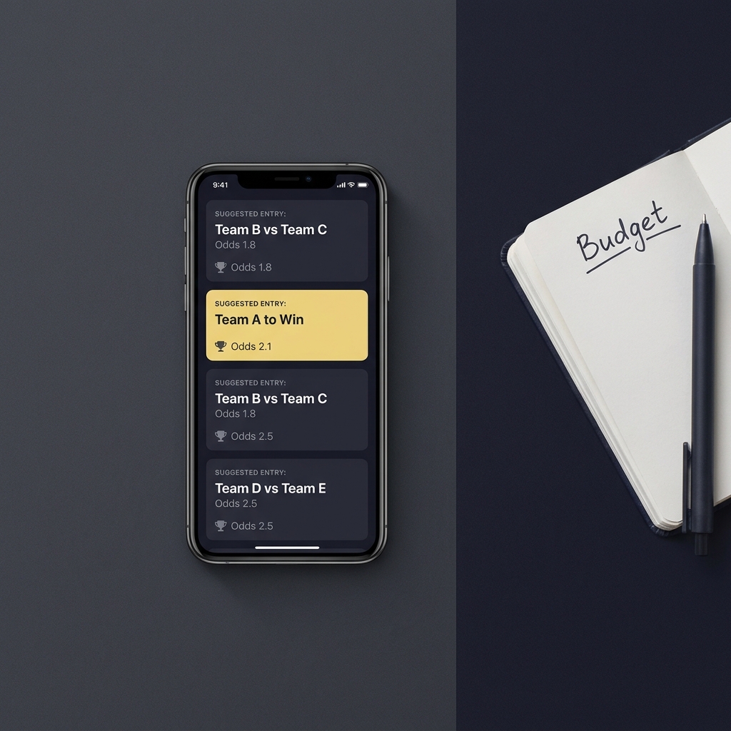 Close up smartphone showing a sports prediction challenge next to a notebook labeled Budget on a dark Funded Plays branded background Why Sports Trading Should Never Replace Essential Income