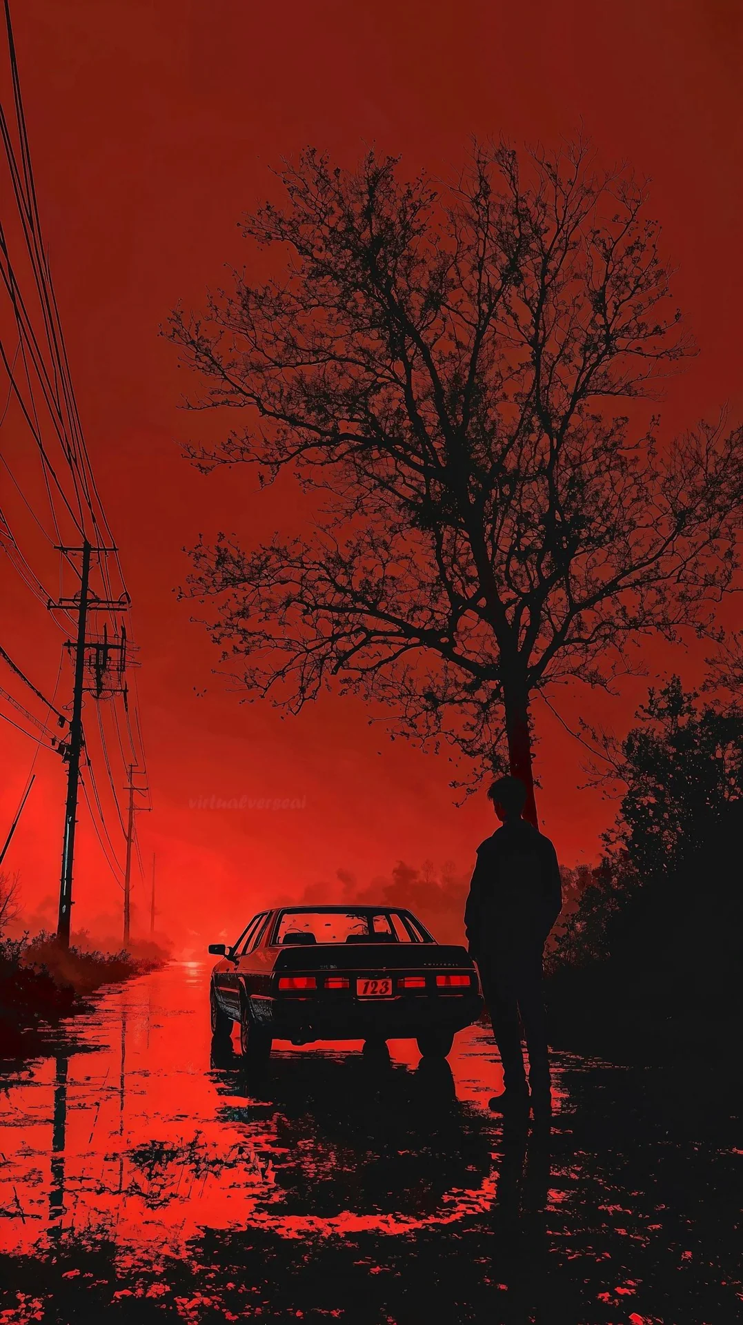 Crimson Noir Aesthetic Car Silhouette Red Sky Scene - Free 4K mobile Wallpaper
