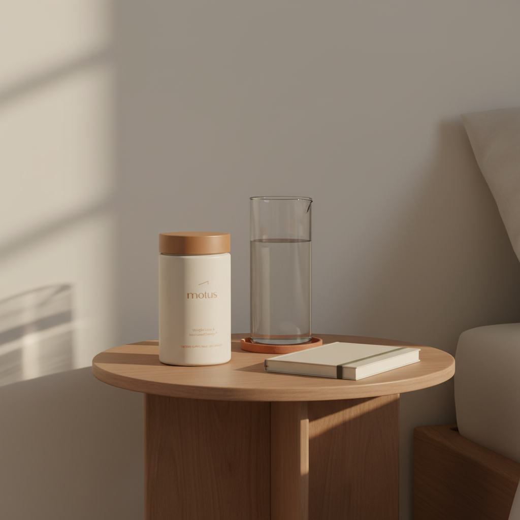Motus supplement jar on bedside table beside a water carafe and simple journal in a minimalist Tonum scene, focused on leptin for weight loss.