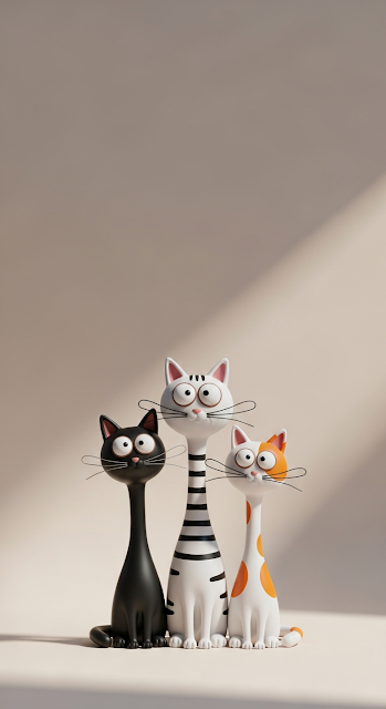 Three Funny Cartoon Clay-Sculpted Cats with Wide Eyes on a Beige Studio Background - Free mobile Wallpaper