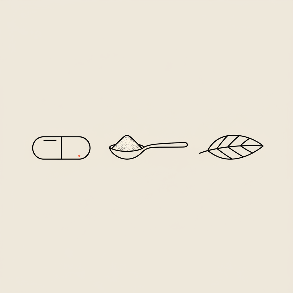 Minimalist vector line illustration of a capsule, spoon with psyllium powder, and plantago leaf on beige background representing psyllium husk benefits
