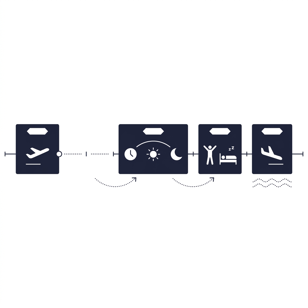 Minimalist 2D vector timeline infographic of a long haul flight with time zone shifts and recovery windows illustrating Travel Distance as a Sports Analytics Variable