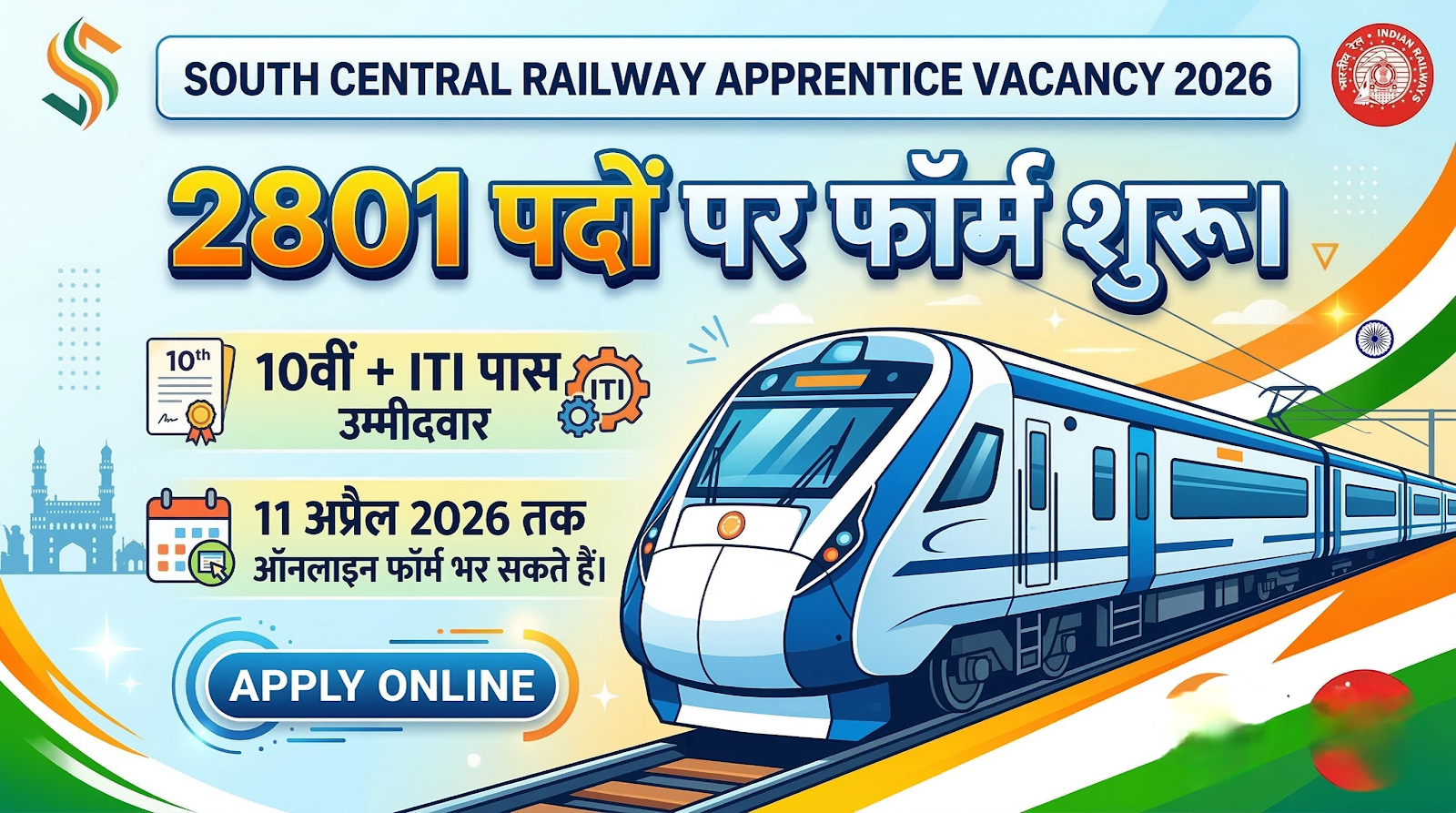 South Central Railway Apprentice Vacancy 2026 | 2801 पद | 10वीं + ITI पास