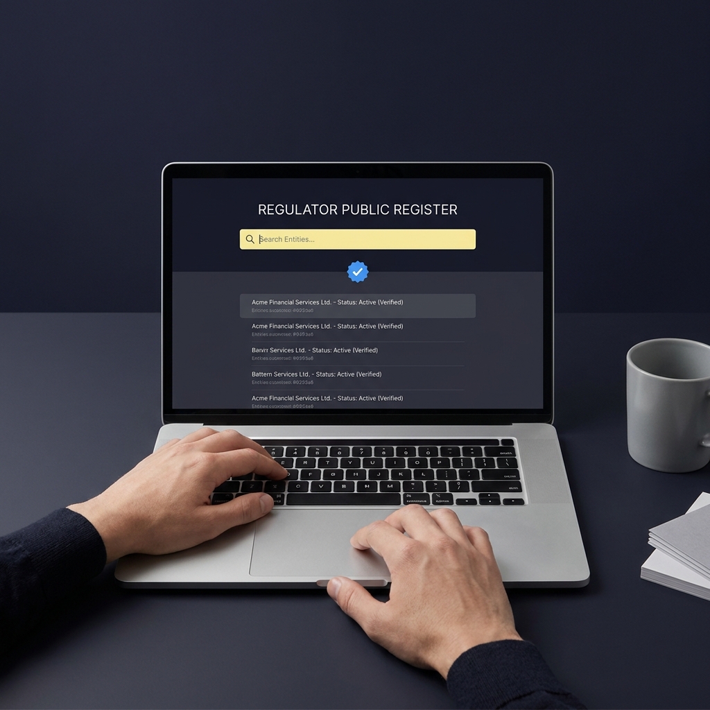User checking a regulator public register on a laptop with a highlighted search box and a verified badge graphic for asian sportsbook in a minimalist Funded Plays color scheme