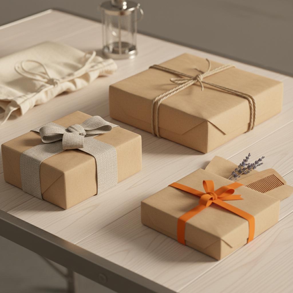 Nahaufnahme sorgfältig verpackter, nachhaltiger Geschenke auf Holztisch im minimalistischen, industriellen Stil – 5-geschenke-regel kinder