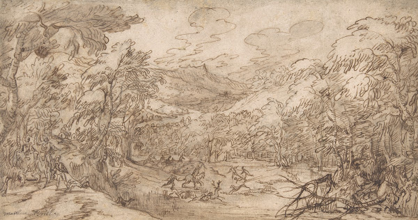 Wooded Landscape with Stag Hunt late 16thearly 17th century