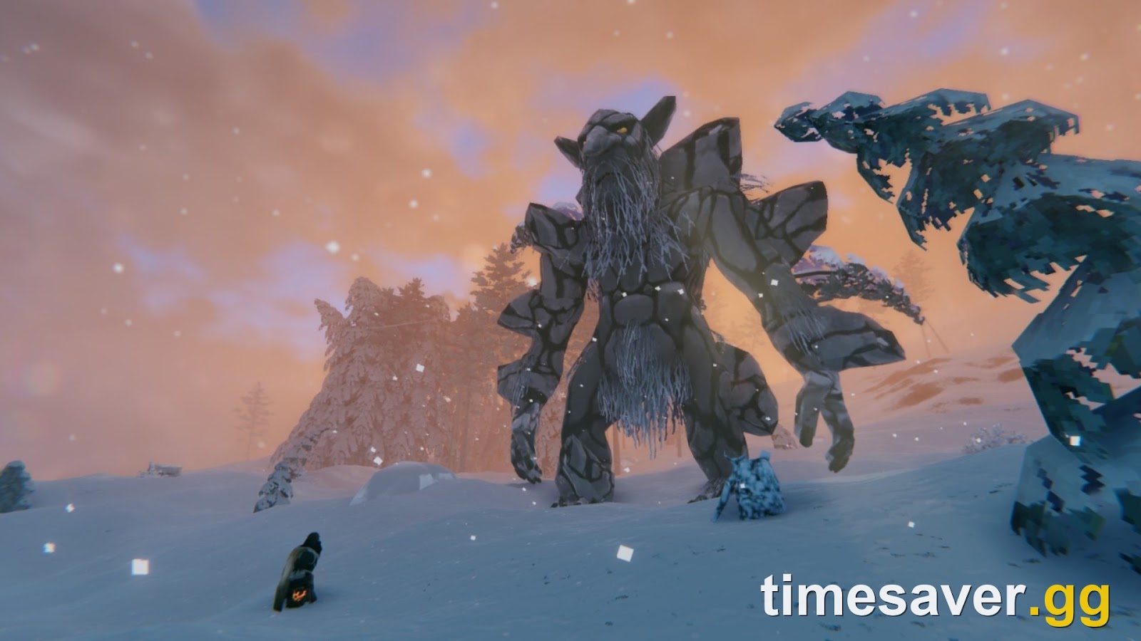 A Gammeltroll, the giant stone-skinned troll of the Valheim Deep North, towering over a tiny player in the snow