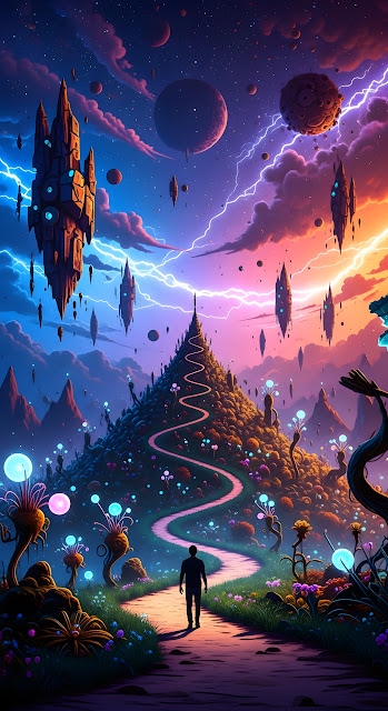Neon Alien World Ascent with Floating Structures - Free mobile Wallpaper