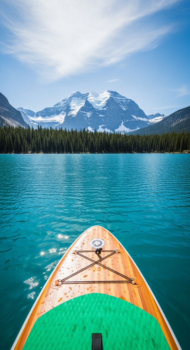First-Person View of Stand-up Paddleboard on Lake with Snow-Capped Mountain - Free 4K mobile Wallpaper