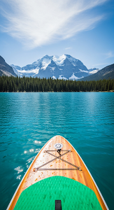 First-Person View of Stand-up Paddleboard on Lake with Snow-Capped Mountain