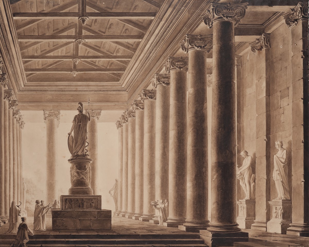 Interiér chrámu se sochou Pallas Athény 1808