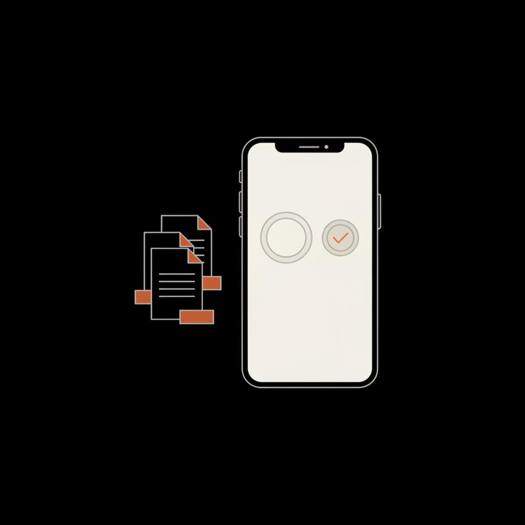 Minimal 2D vector phone illustration showing a verification-request UI and a small stack of documents in Social Success Hub palette — instagram blue tick free.
