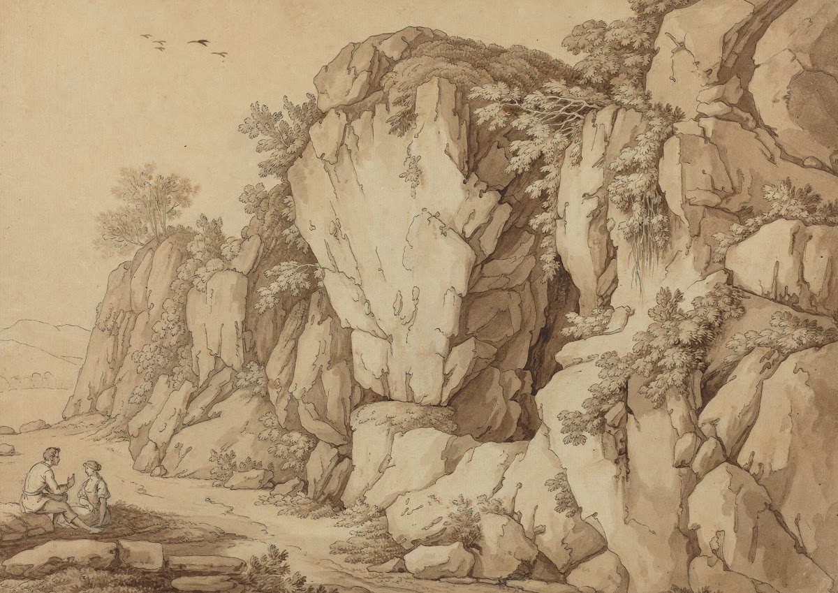 A Young Couple Seated near a Massive Rock Formation