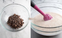 Chocolate đen băm nhuyễn. Trộn 100g chocolate băm nhuyễn hoặc 50g chocolate chip vô chỗ bột đã trộn.