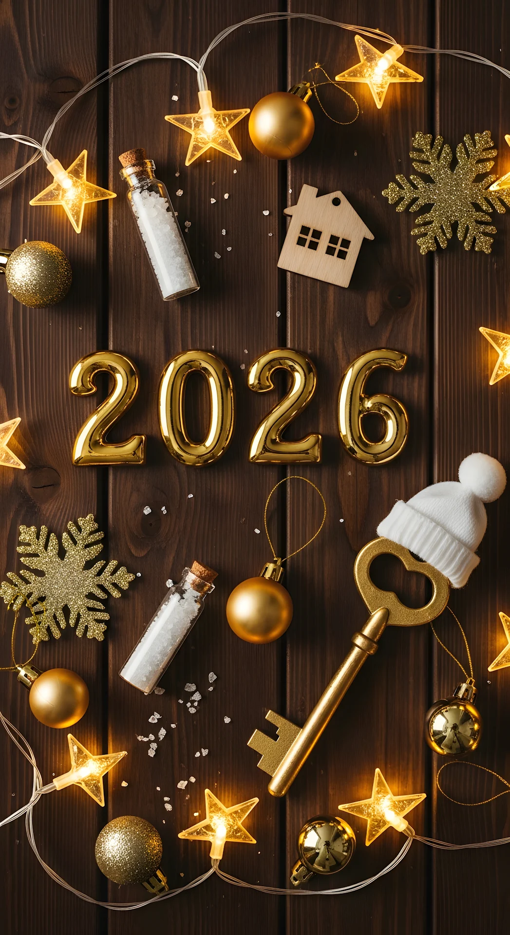 Golden 2026 Numbers with Rustic Christmas Decor - Free 4K mobile Wallpaper