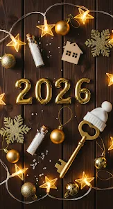 Golden 2026 Numbers with Rustic Christmas Decor