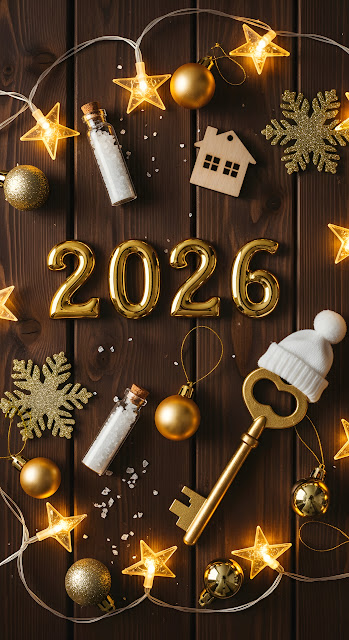 Golden 2026 Numbers with Rustic Christmas Decor - Free mobile Wallpaper