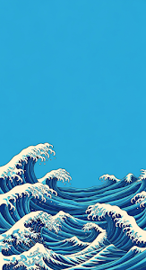 Bold Ukiyo-e Style Illustration of Dynamic Blue Ocean Waves and White Foam