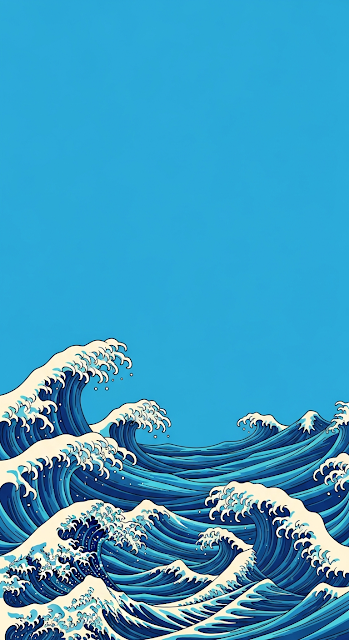 Bold Ukiyo-e Style Illustration of Dynamic Blue Ocean Waves and White Foam - Free mobile Wallpaper