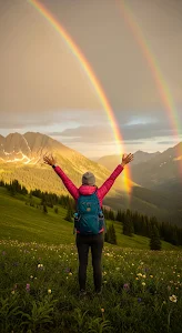 Mountain Hiker Celebrating Double Rainbow at Golden Hour Summit