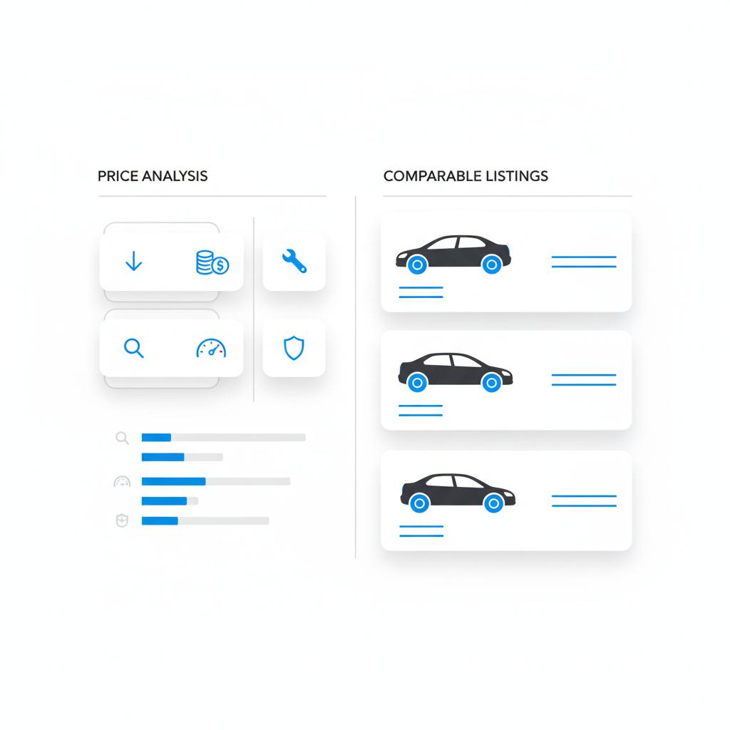 Minimalist 2D vector two column comparison showing price analysis and comparable listings for old cars for sale white background blue accents