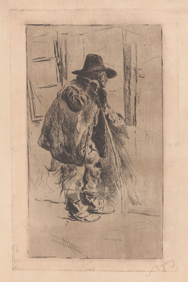 Oude man met wandelstok en tas over zijn schouder 1866 1910