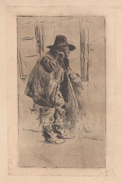 Oude man met wandelstok en tas over zijn schouder 1866 1910