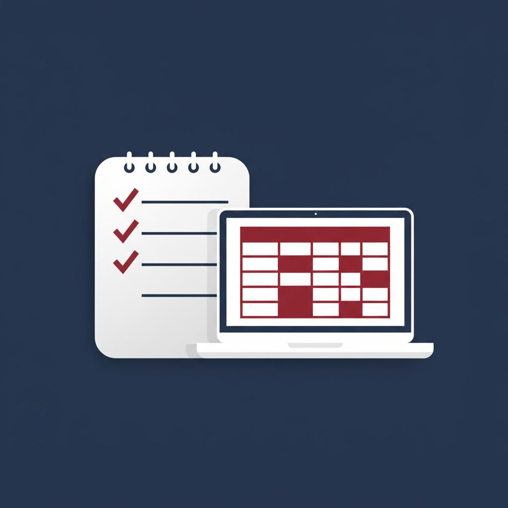 Minimalist 2D vector illustration of a notepad with a checklist beside a laptop showing a stylized pay table representing united states federal government jobs in michael carbonara brand colors