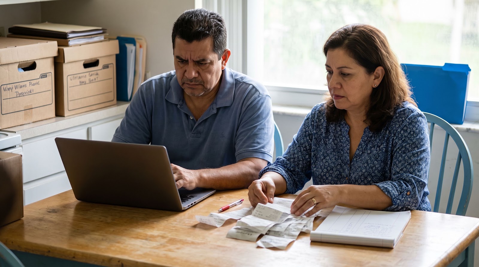 Pareja de dueños de negocio revisando cuentas y pérdidas de ingresos en casa tras un cierre por tormenta en Florida, relacionado con seguro interrupcion negocio huracan florida