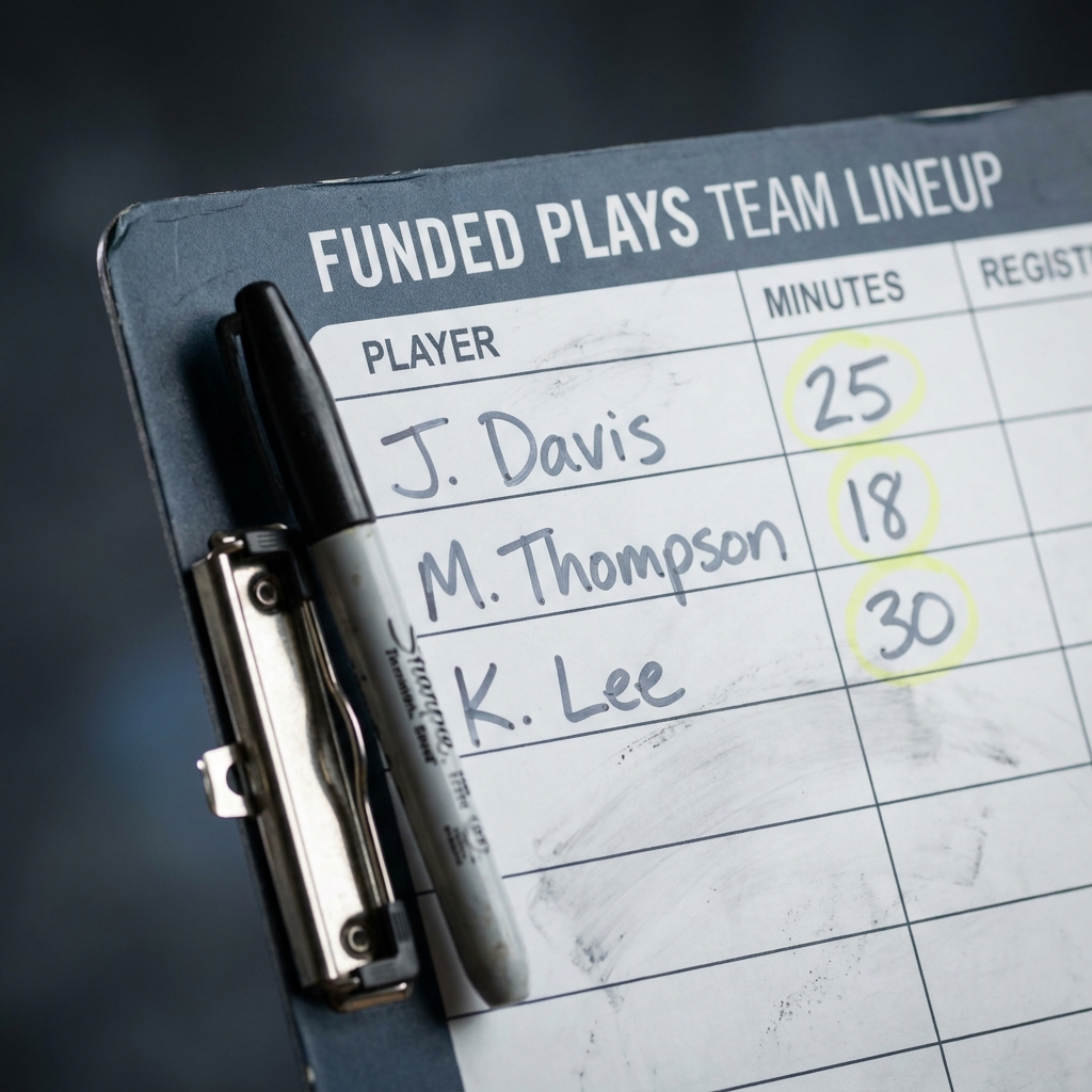 Close up of a coach lineup board with handwritten minutes and player names on a Funded Plays style dark background showing rotation notes for Why Playing Time Is Critical for Props