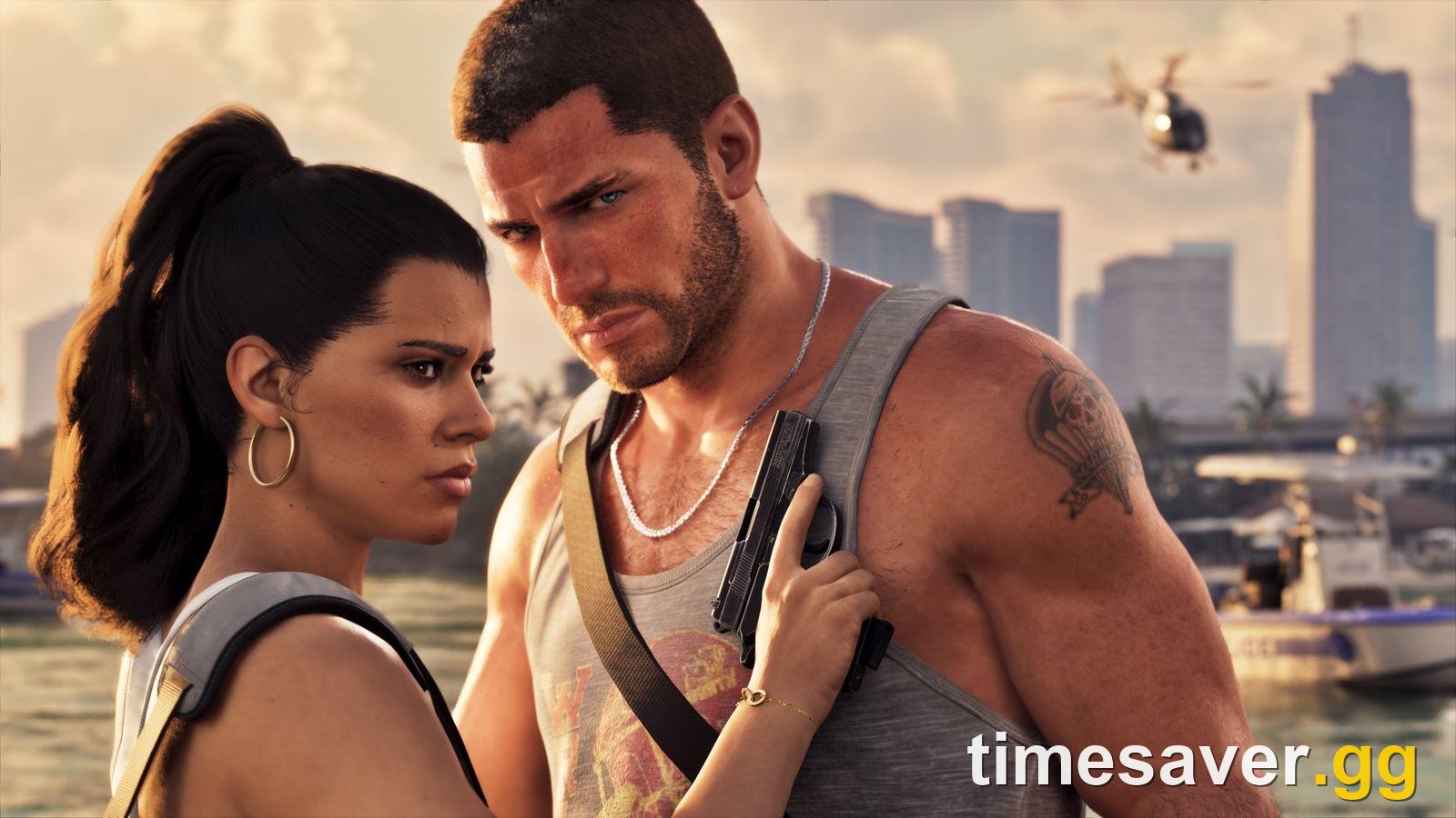 Jason and Lucia together at the Vice City waterfront with a police helicopter behind them — GTA 6 Rockstar official screenshot