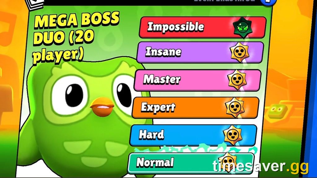 Brawl Stars x Duolingo Mega Boss Duo event (up to 20 players) from September 2026, whose reward track includes 20 free Gems
