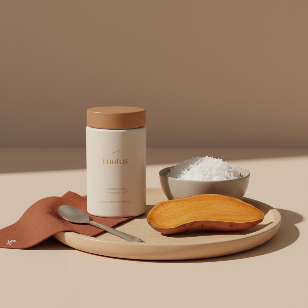 Minimalist close-up of Motus supplement bottle on wooden tray with white rice bowl and peeled sweet potato on beige background, promoting lose belly fat in 7 days