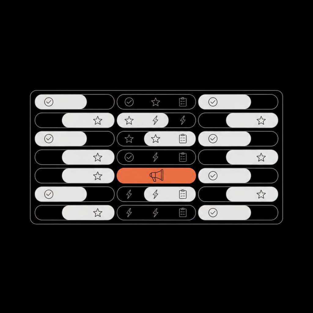 Minimal 2D vector five-day calendar illustrating the 80/20 rule on Instagram: four neutral value slots and one promotional slot in #dc5c2b on a black background.
