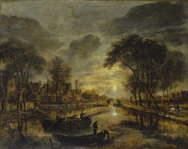 Nocturnal Canal Landscape with Fishing Boats ca 1645  1650