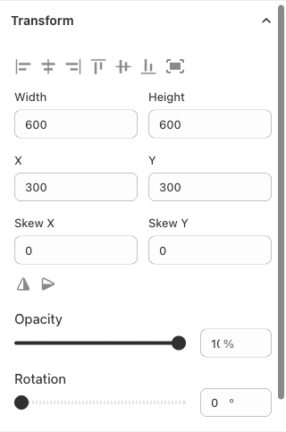 Transform panel with Width, Height, X, Y, Skew X, Skew Y, Opacity, and Rotation fields