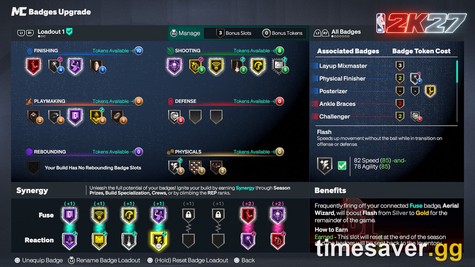 NBA 2K27 Badge Upgrade screen showing Badge Tokens, costs, and the Synergy system