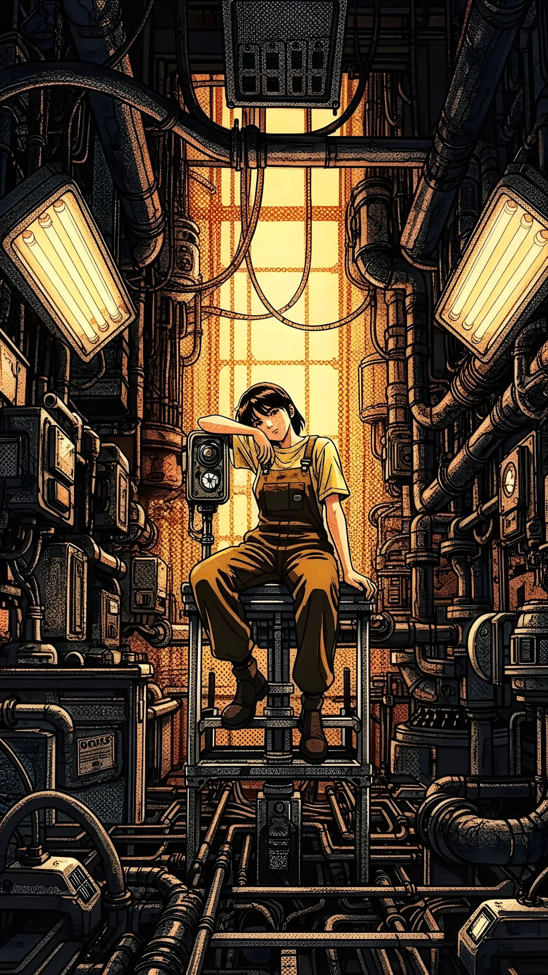 Grungy Anime Illustration of a Female Mechanic Taking a Break in a Factory Setting - Free 4K mobile Wallpaper