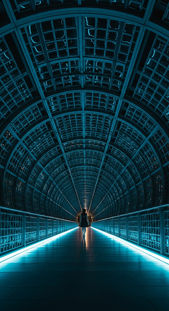 Cinematic Low-Angle of a Woman Walking in a Futuristic Symmetrical Metal Grid Pedestrian Tunnel - Free mobile Wallpaper