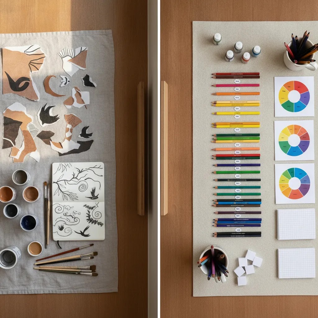Structured art therapy approaches shown through collage, sketches, and organized creative tools