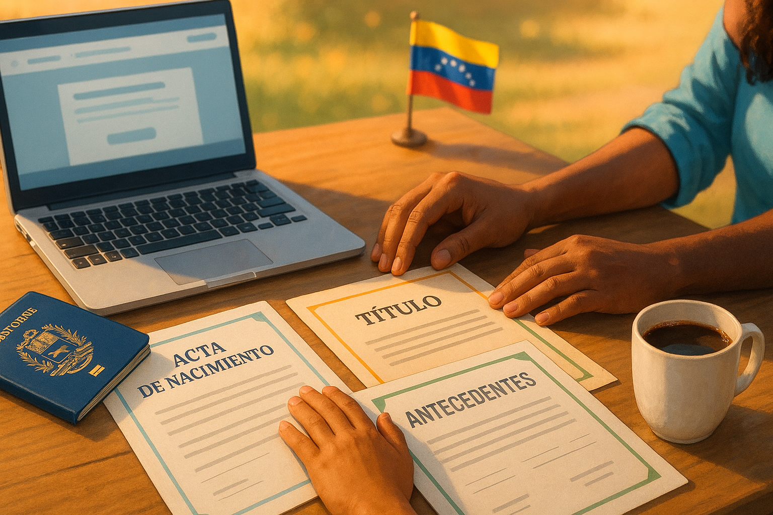 venezolanos revisando documentos apostillados y pasaporte en el exterior