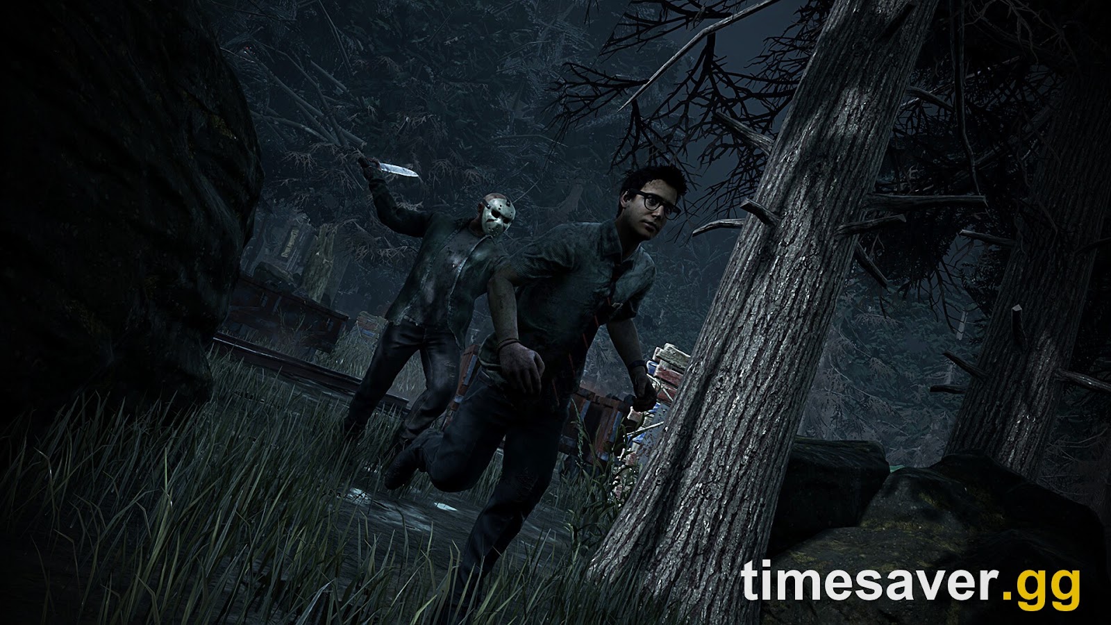 The Slasher raising a knife behind a fleeing survivor in a dark forest in Dead by Daylight